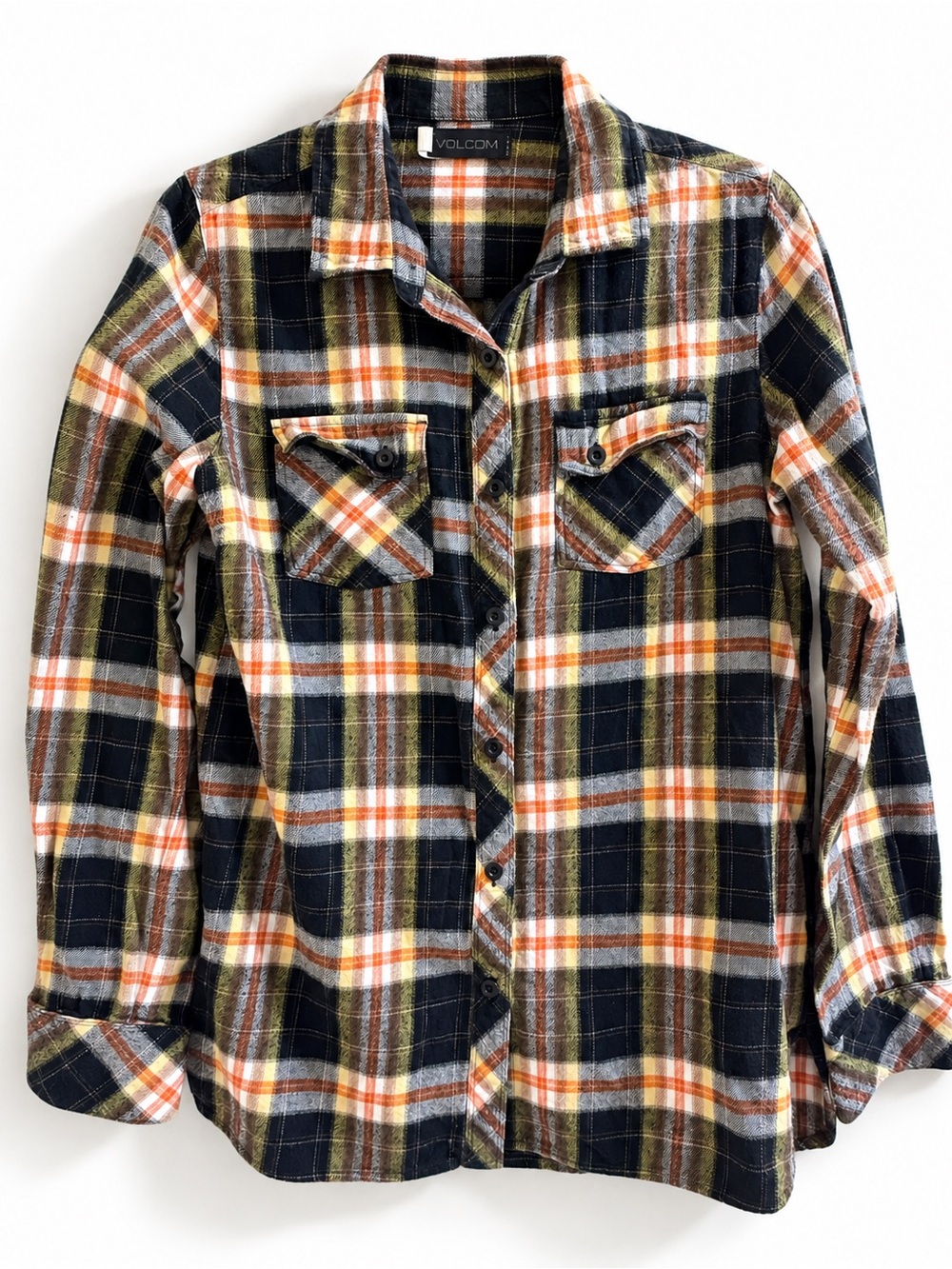 Volcom Girls Plaid Flannel Button Down Shirt Size 10 Small Black Orange Olive